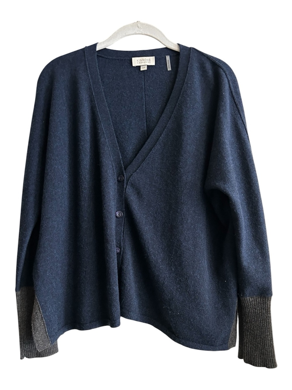 Kinross Navy Cashmere V-Neck Button Down Cardigan with Gray Cuffs Size Small